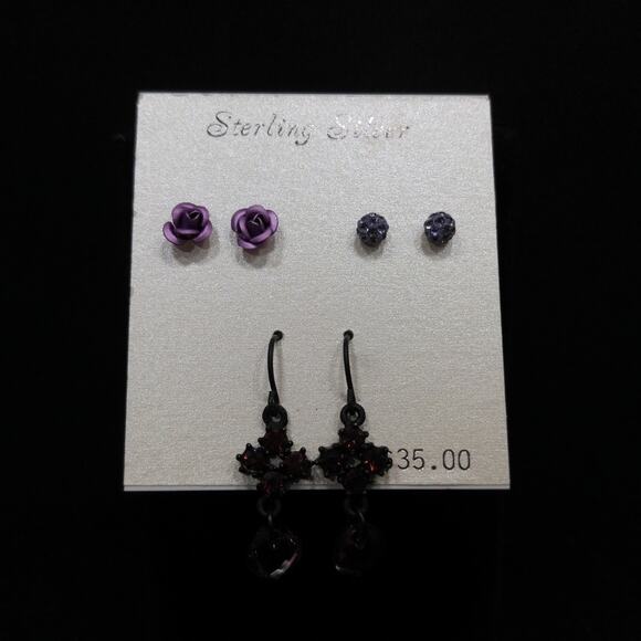 Sterling Silver Purple Earrings Set 3 Pairs Stud & Dangle New on Card - Picture 4 of 7